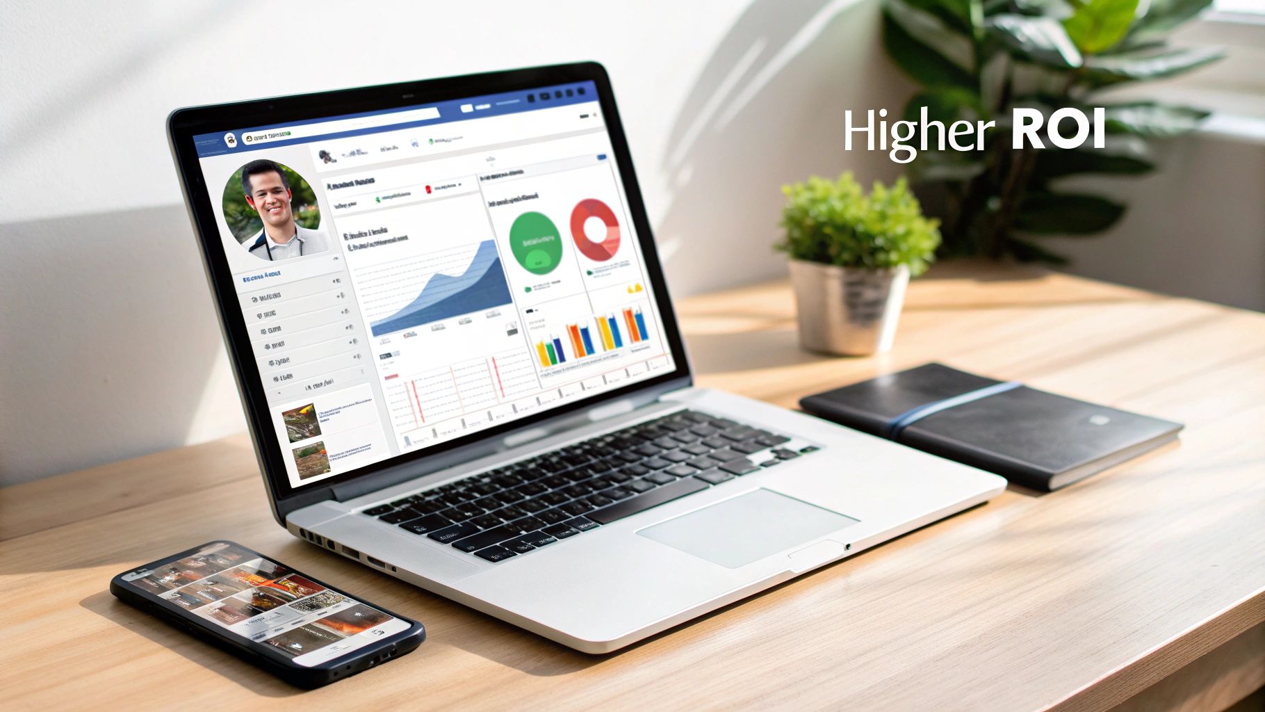 A laptop displays social media analytics and charts on a desk with a smartphone, emphasizing higher ROI.
