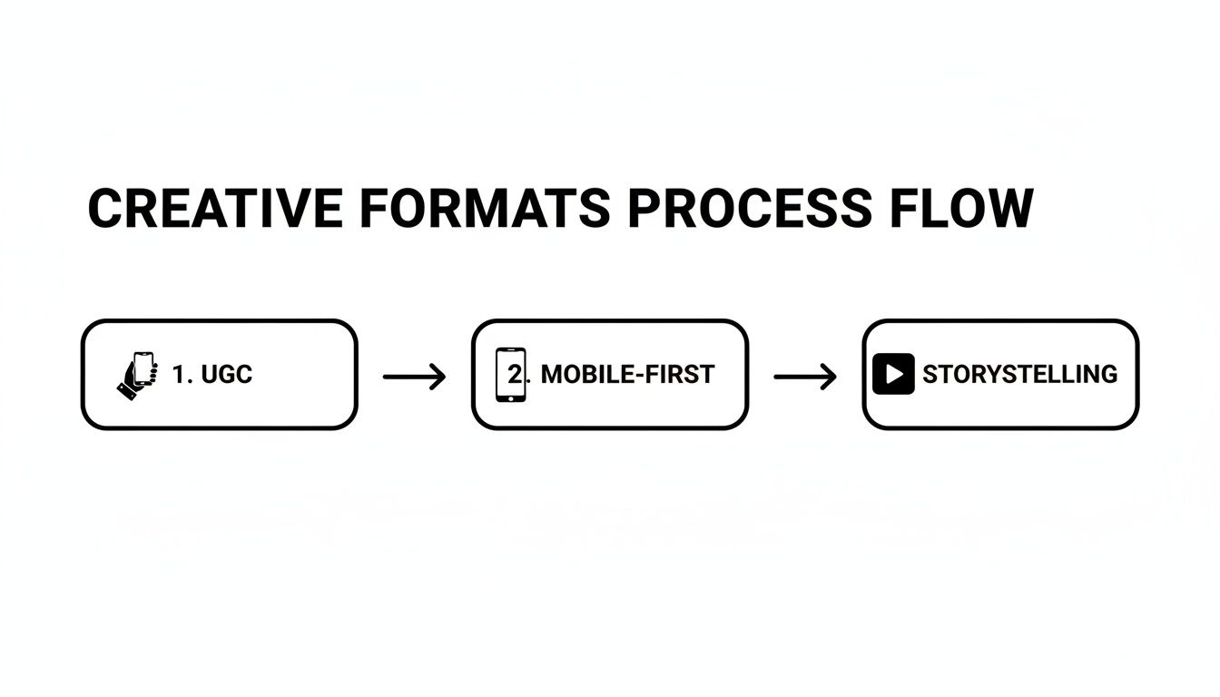 A flowchart illustrating the creative formats process flow, featuring UGC, Mobile-First, and Storytelling steps.
