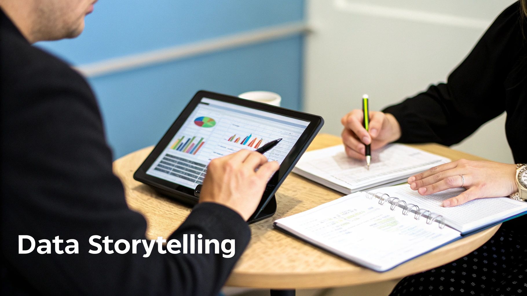 People collaborating on data storytelling, reviewing charts on a tablet and taking notes.