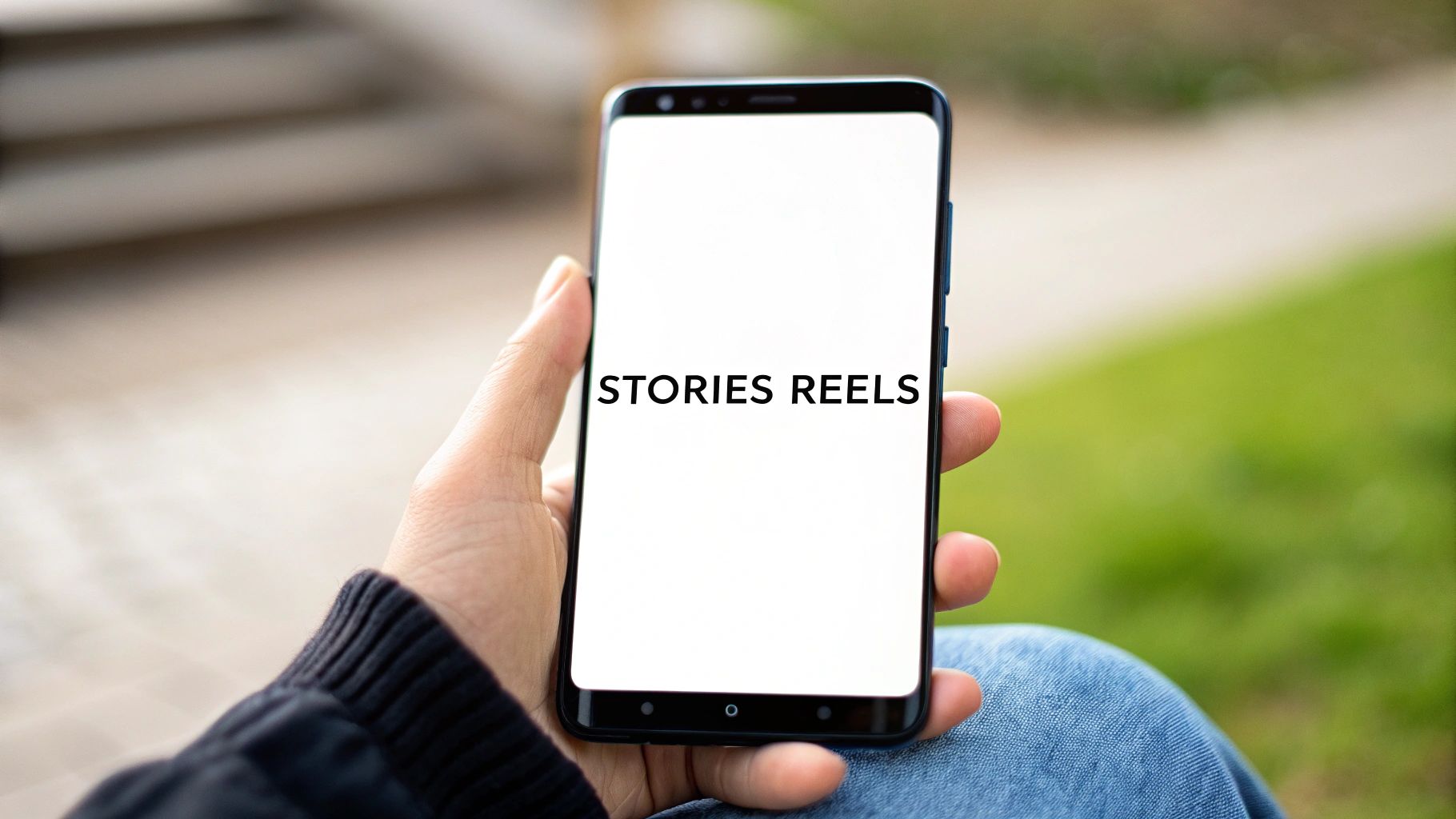 Close-up of a hand holding a modern smartphone displaying "STORIES REELS" on its white screen in an outdoor setting.