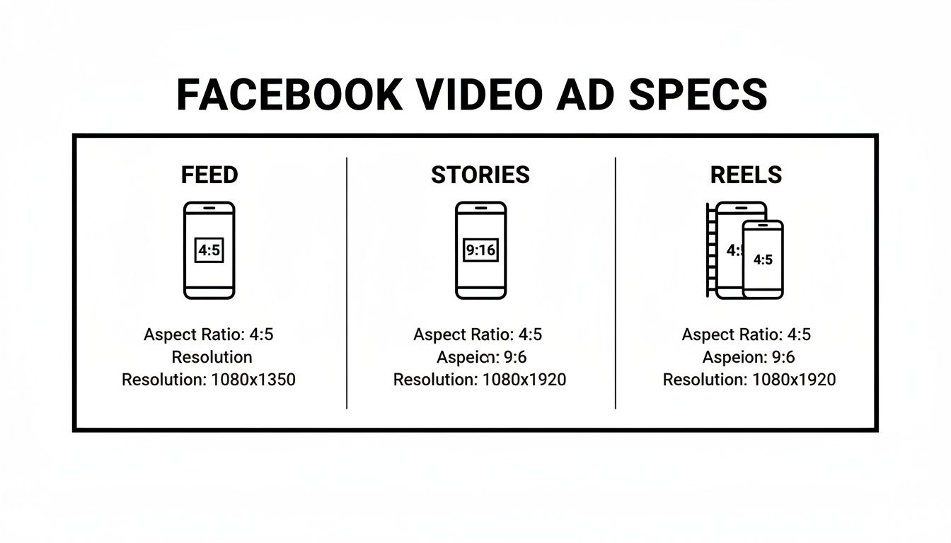 Facebook video ad specifications for Feed, Stories, and Reels, detailing aspect ratios and resolutions.