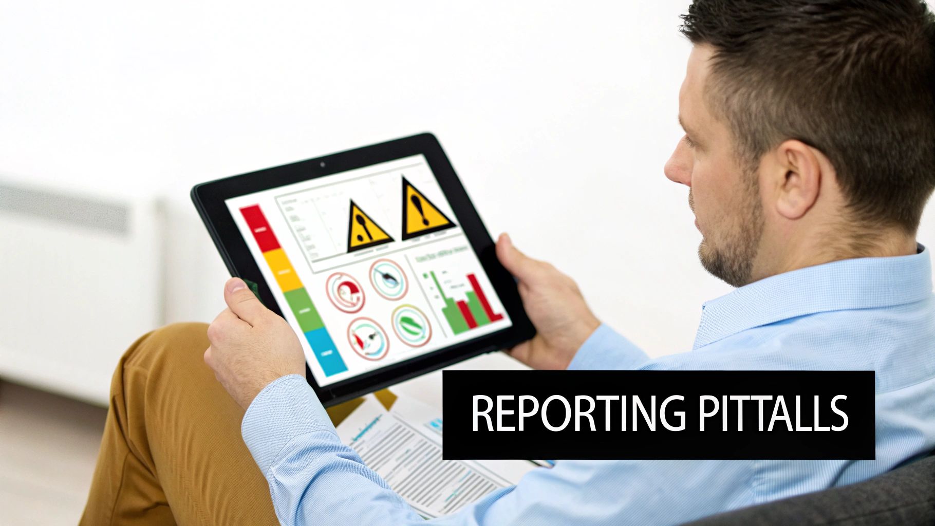 An image showing a magnifying glass over a chart with a red X, symbolizing the process of finding and avoiding reporting mistakes.