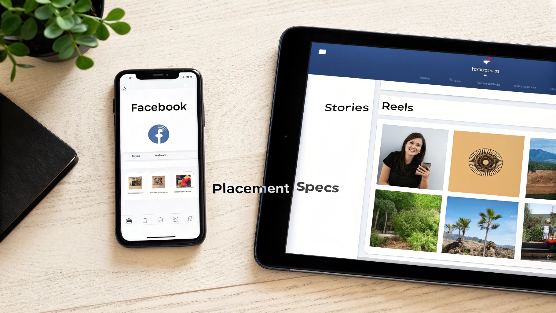 A smartphone and tablet displaying Facebook interfaces, including 'Stories' and 'Reels', with 'Placement Specs' text.