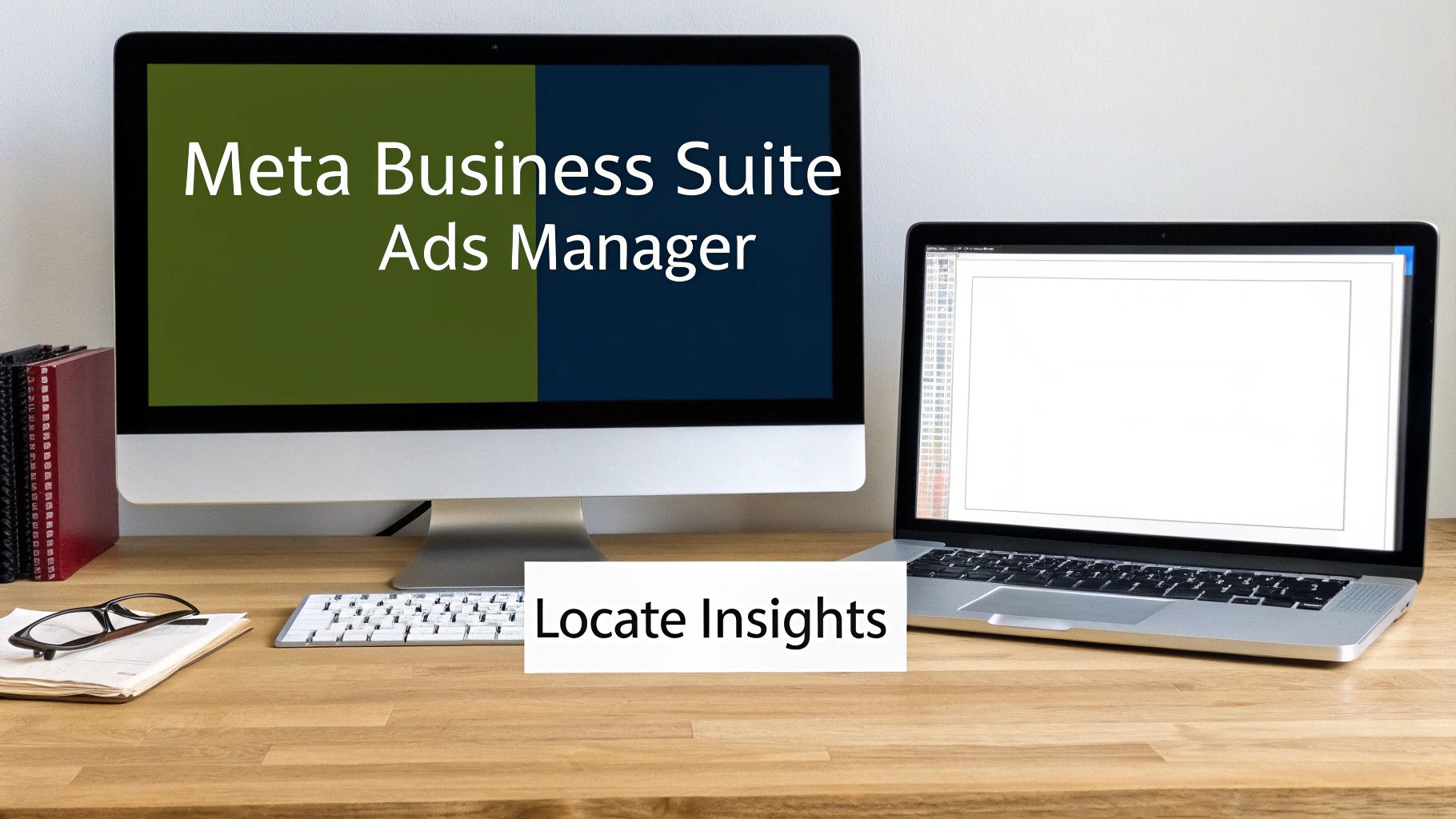A desk setup featuring a monitor displaying 'Meta Business Suite Ads Manager' and a laptop. A sign reads 'Locate Insights'.
