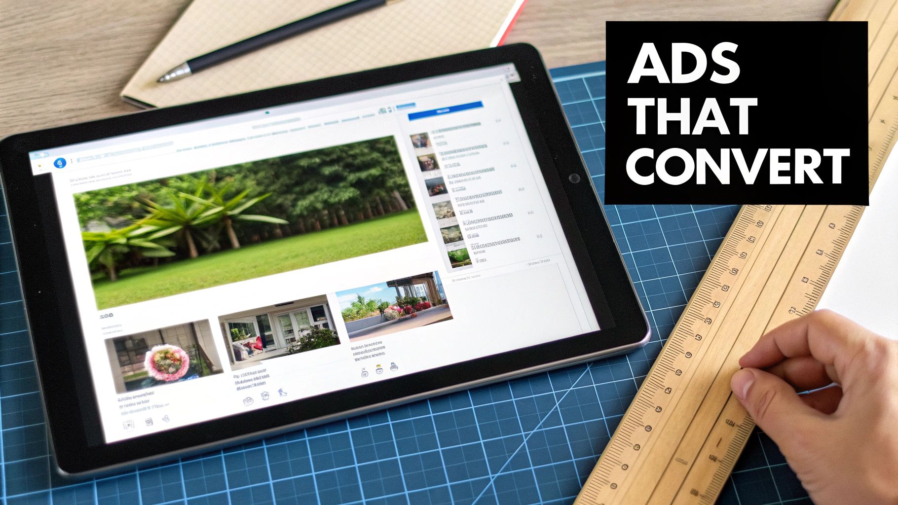 A tablet displaying 'Ads That Convert' text and a social media feed, with a ruler and notebook.