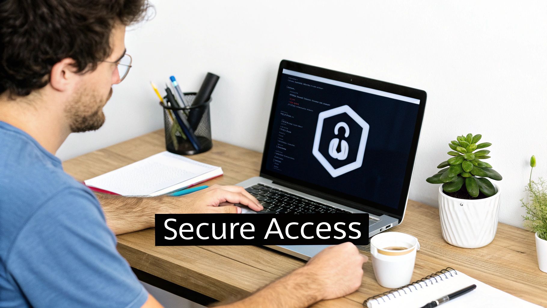 A man works on a laptop displaying a secure access icon and code, with 'Secure Access' text overlay.