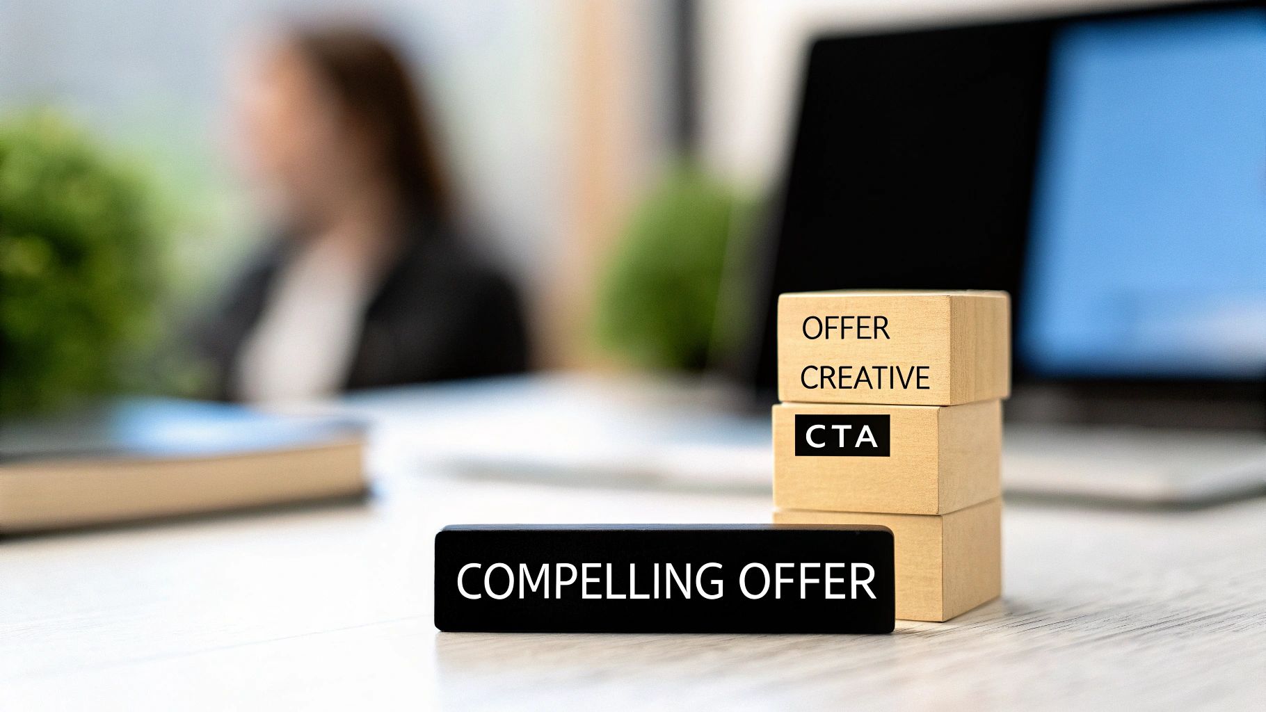 Wooden blocks on a desk with marketing terms: OFFER, CREATIVE, CTA, and COMPELLING OFFER.