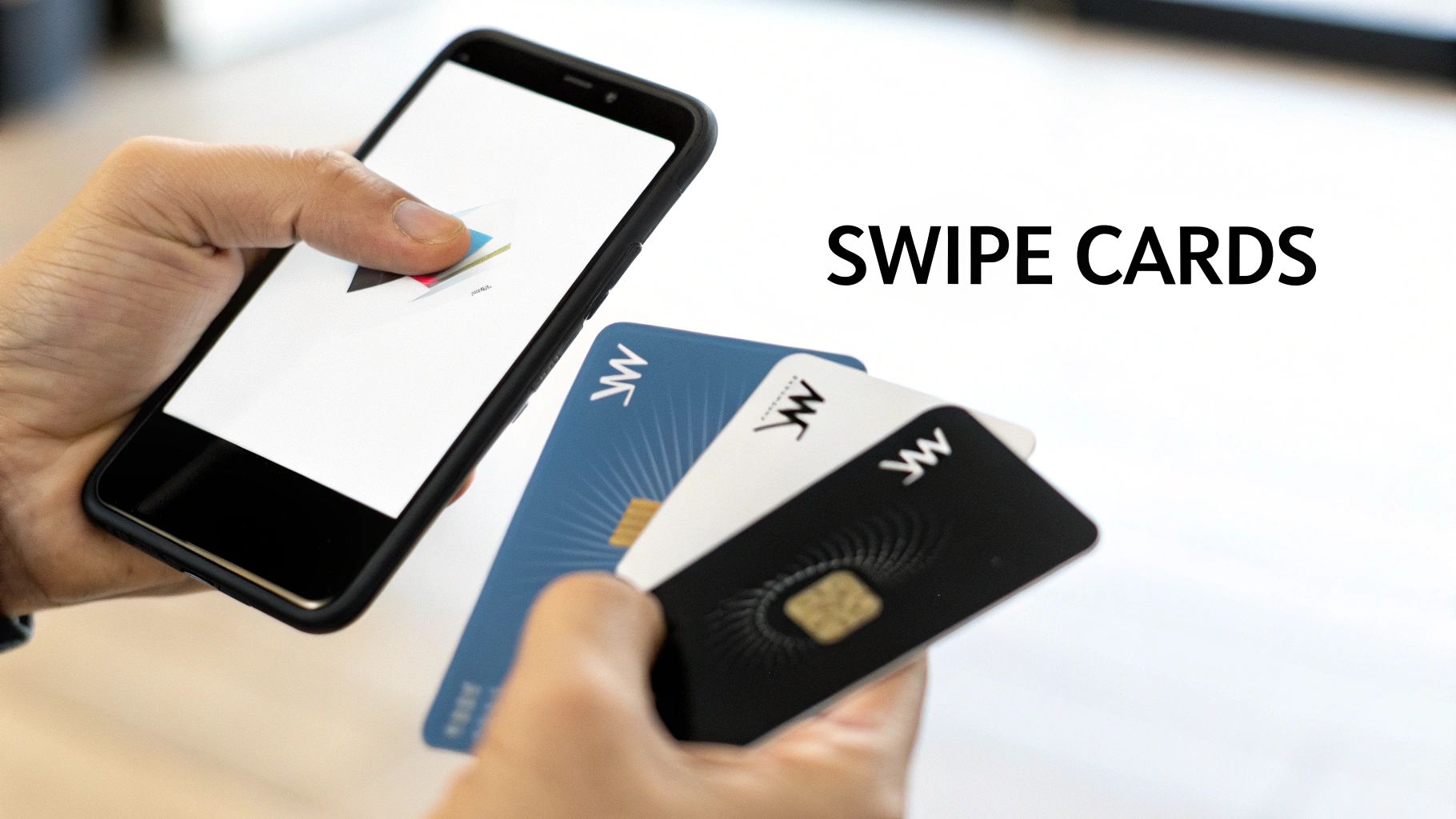 Hands holding a smartphone with an app and a stack of three payment cards with 'SWIPE CARDS' text.