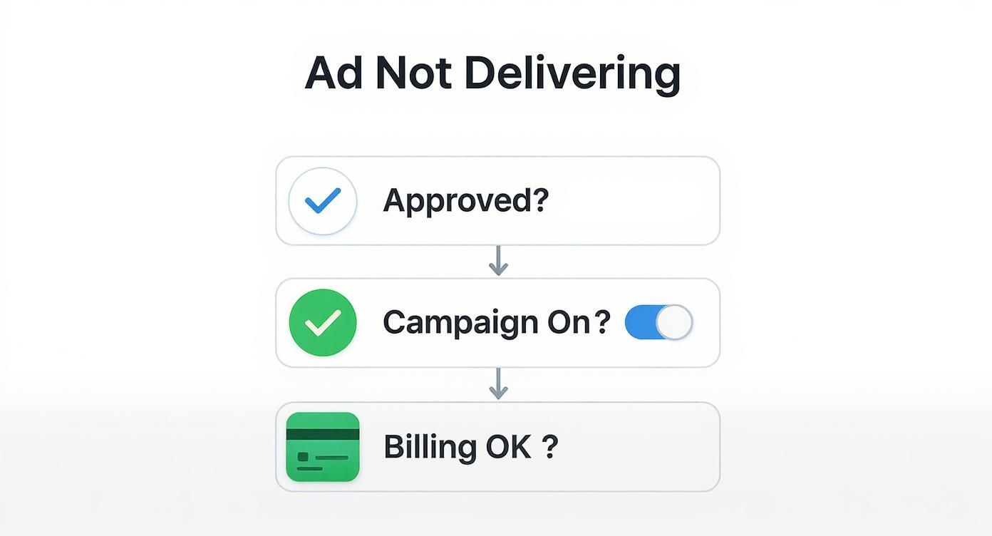 A flowchart titled 'Ad Not Delivering' showing three steps: 'Approved?', 'Campaign On?', and 'Billing OK?'.