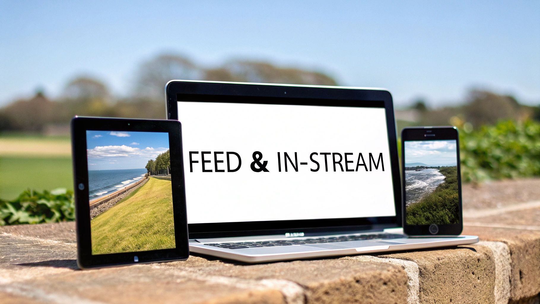 Electronic devices including a laptop, tablet, and smartphone display digital media content outdoors.