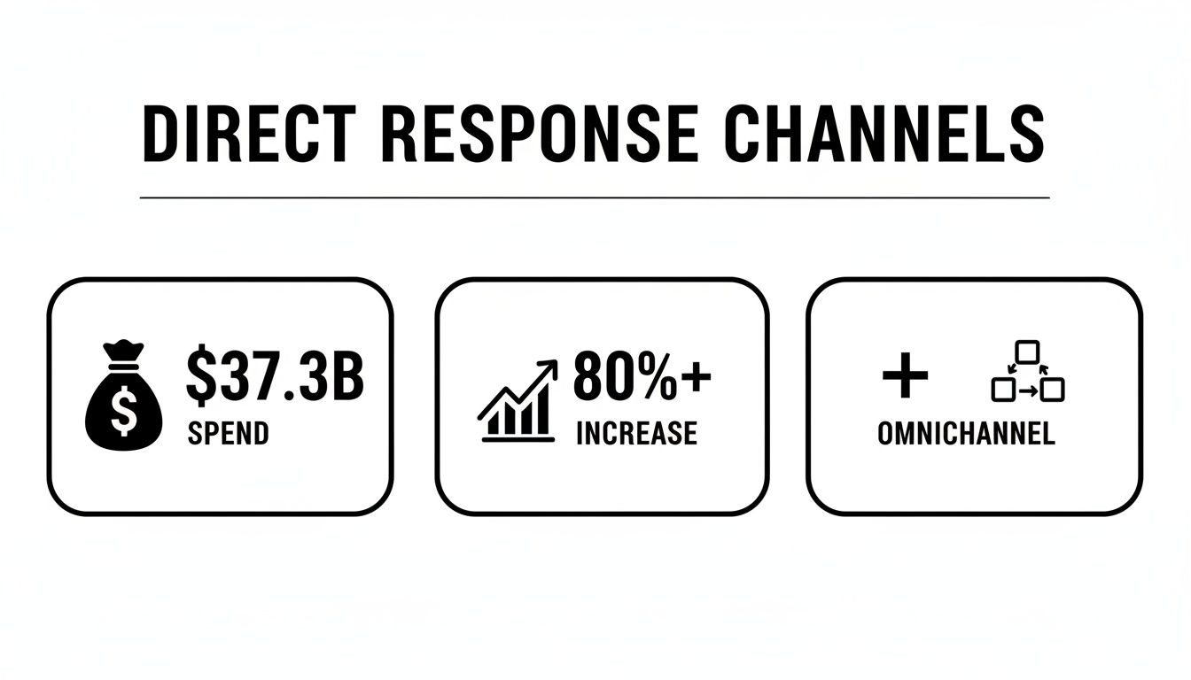 Infographic about direct response channels showing $37.3B spend, 80%+ increase, and omnichannel strategy.