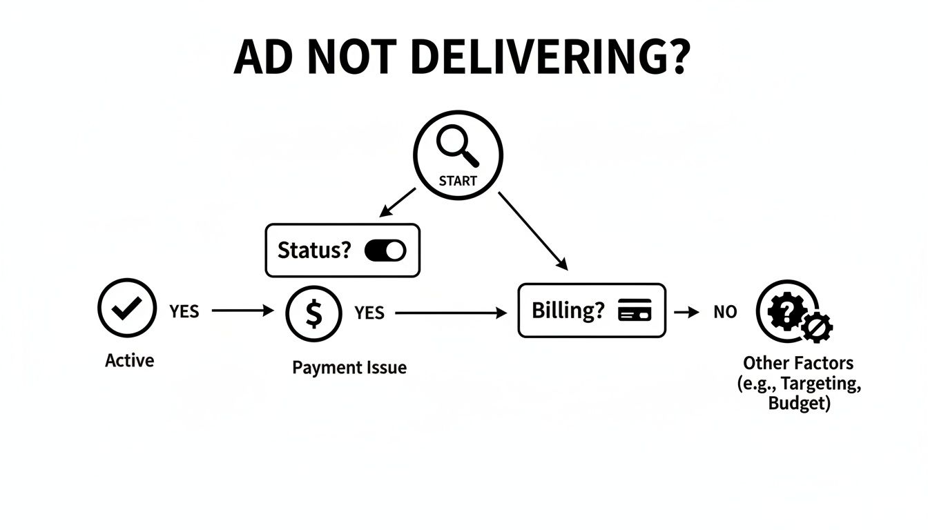 Flowchart detailing steps to troubleshoot an ad not delivering, checking status, payments, and billing.