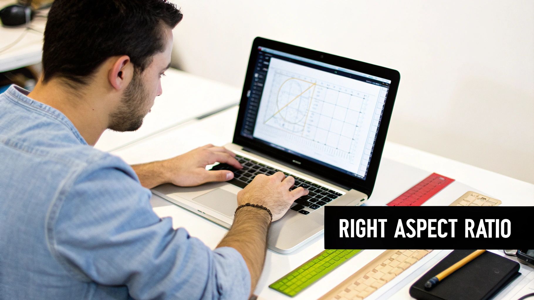 Man works on laptop with technical design software, rulers, notebook on a white desk.