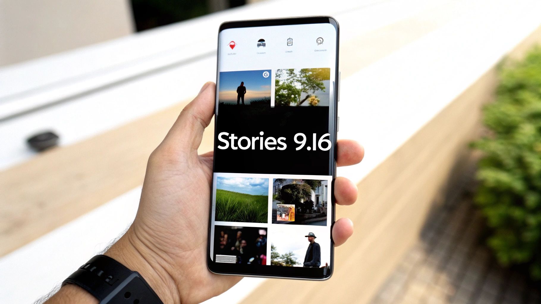 Hand holding smartphone displaying Stories app version 9.16 with photo grid on screen