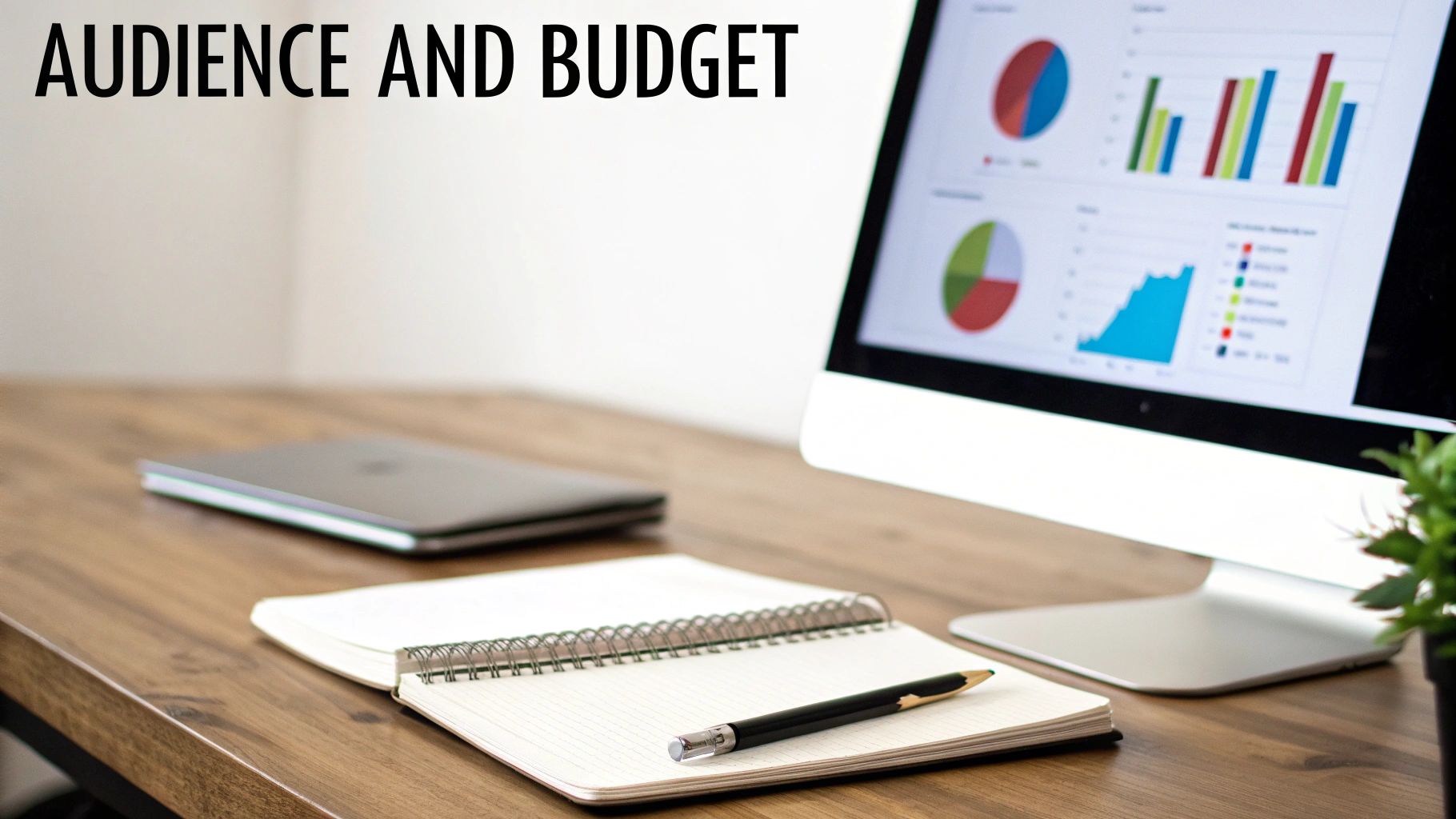 A desk with a computer showing marketing data charts, an open notebook, and a pen, with 'AUDIENCE AND BUDGET' text.