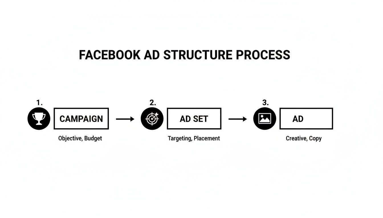 Diagram illustrating the Facebook ad structure process, detailing campaign, ad set, and ad components.
