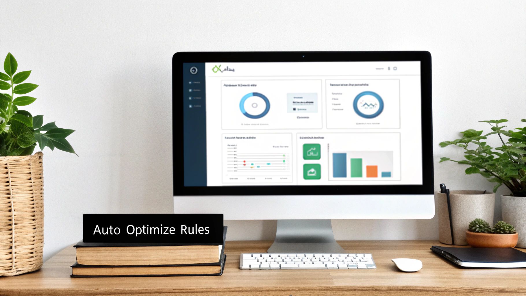 A modern desk with a computer displaying a data dashboard, books titled 'Auto Optimize Rules', and potted plants.