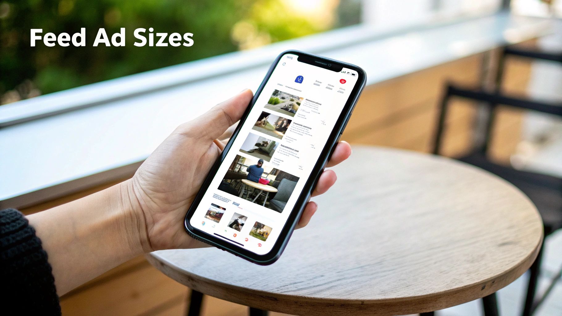 A person's hand holds a smartphone displaying a feed of various advertisements, illustrating feed ad sizes.
