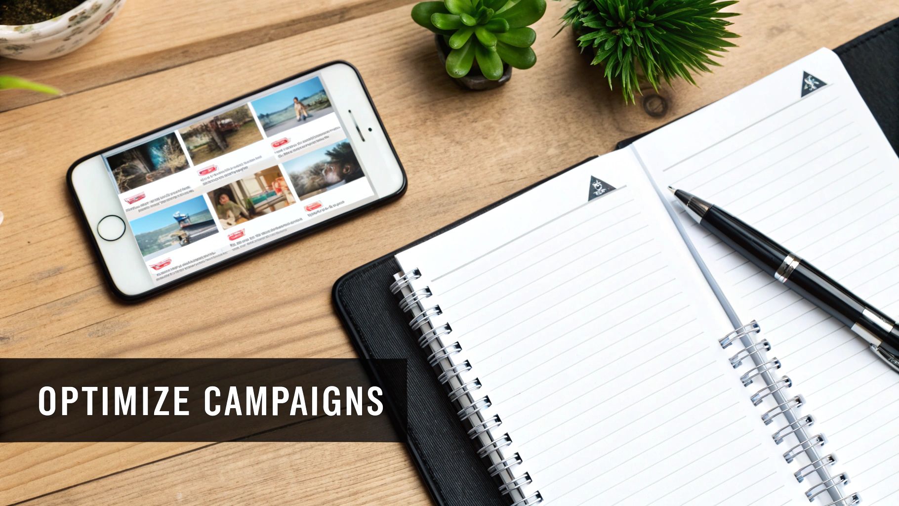 Flat lay of a wooden desk with a smartphone displaying content, an open notebook, and a pen. Text reads 'OPTIMIZE CAMPAIGNS'.