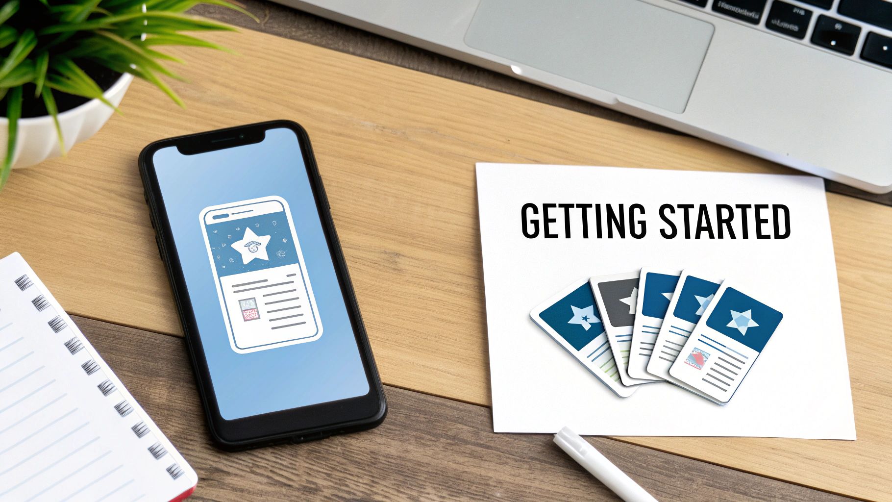 Getting started guide with smartphone and laptop on wooden desk for business automation