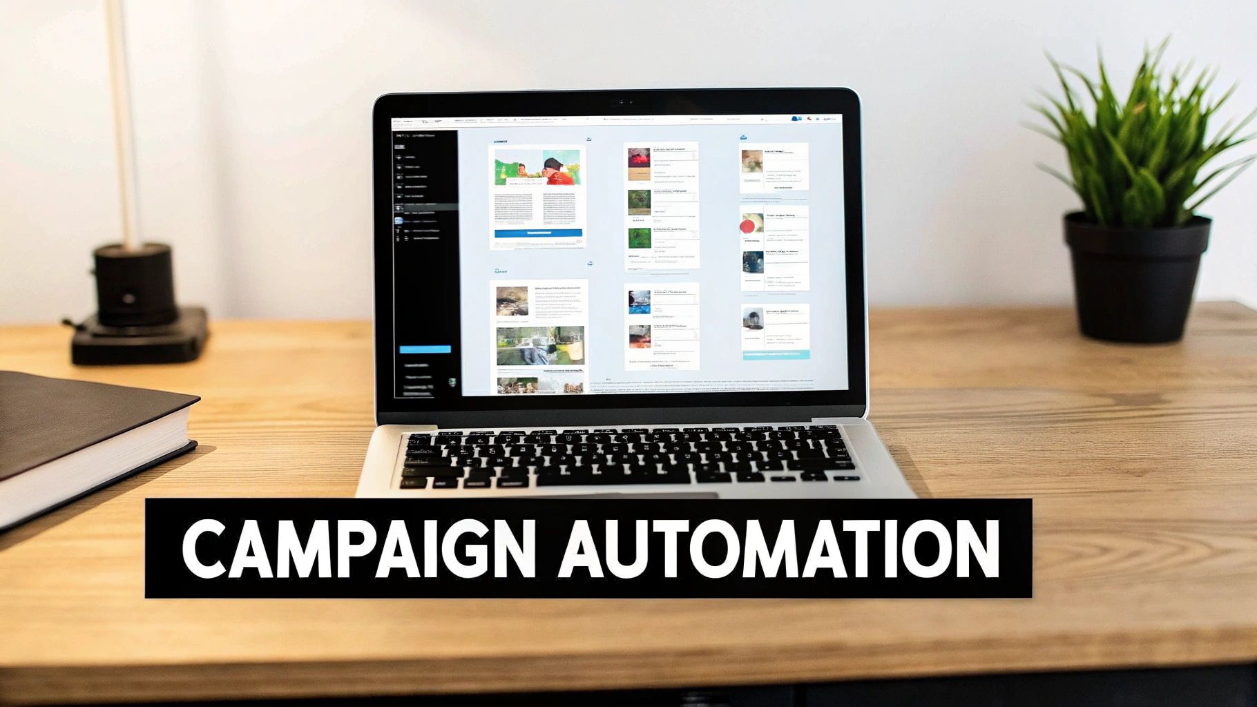 A laptop on a wooden desk displays a campaign automation interface with a notebook and plant.