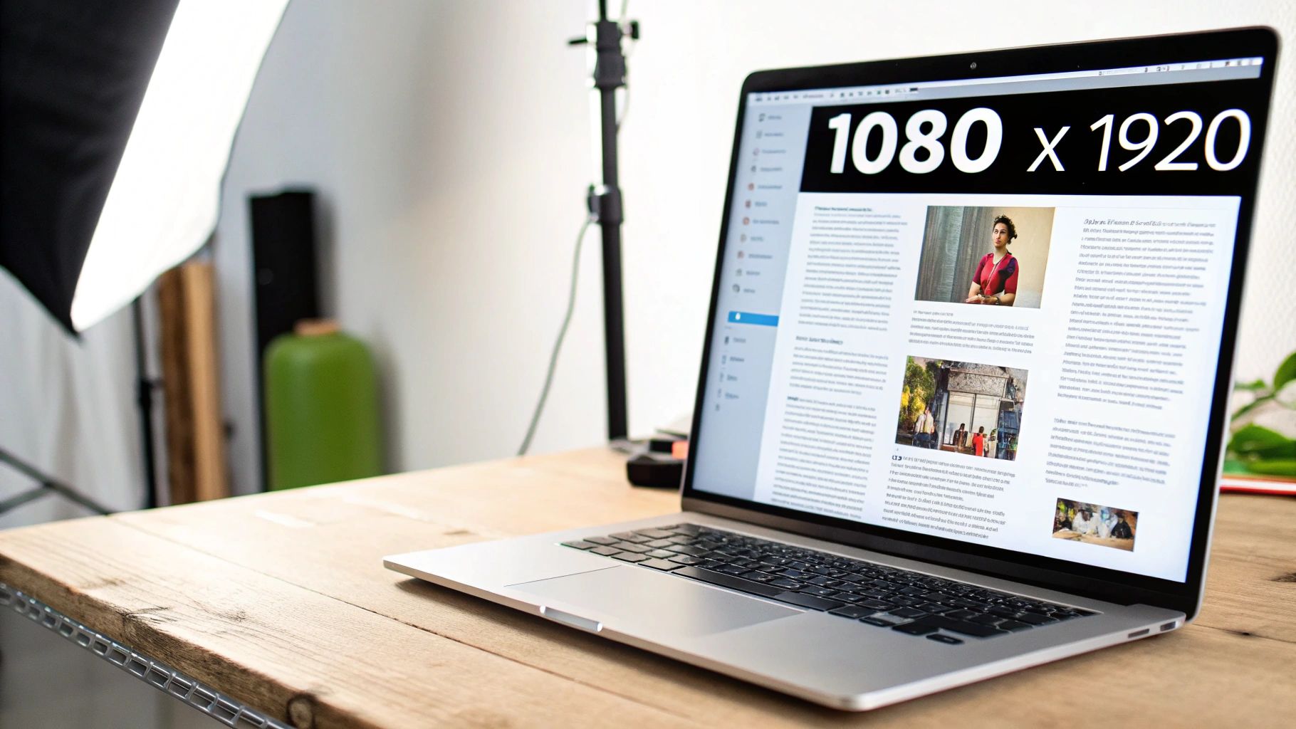 Laptop displaying 1080 by 1920 screen resolution on wooden desk in modern office workspace