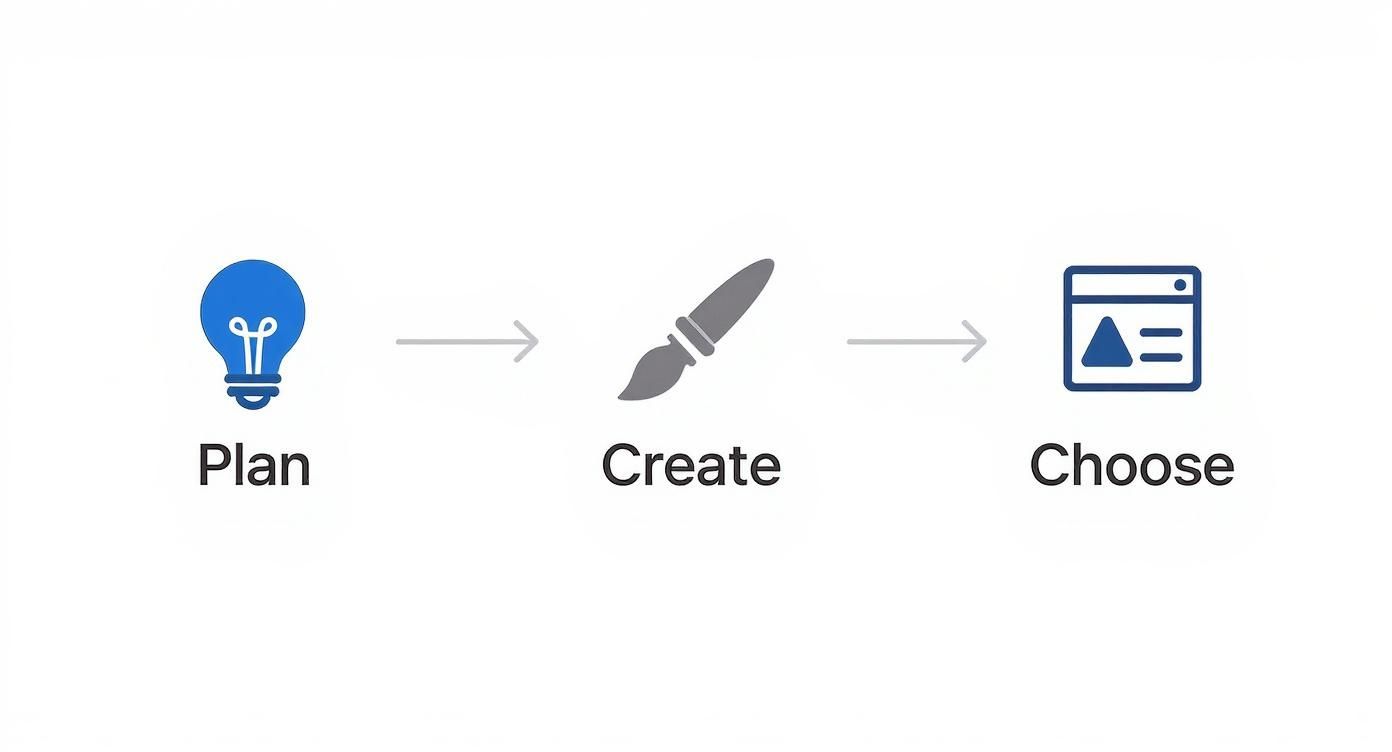 A three-step process diagram with icons: Plan (lightbulb), Create (paintbrush), and Choose (document icon).