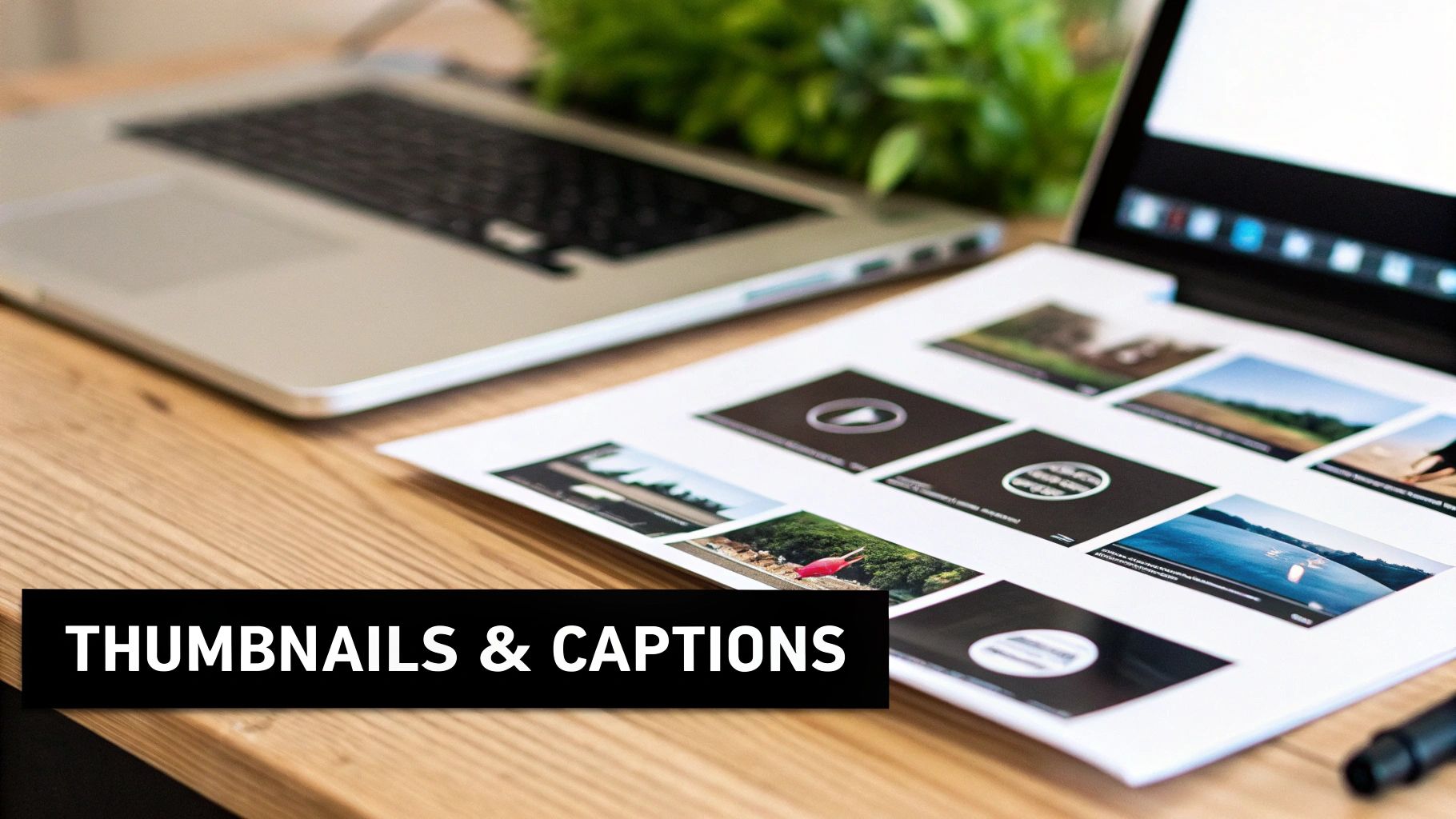 A document with multiple video and image thumbnails is displayed on a wooden desk next to a laptop.