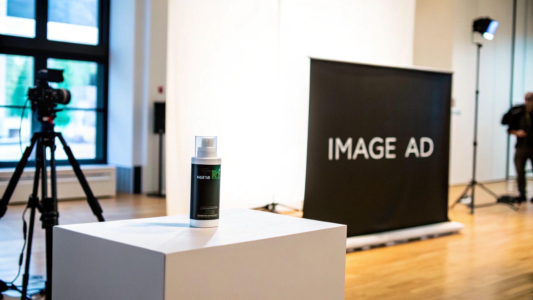 Product bottle on a white pedestal with an 'IMAGE AD' banner and camera setup in a room.