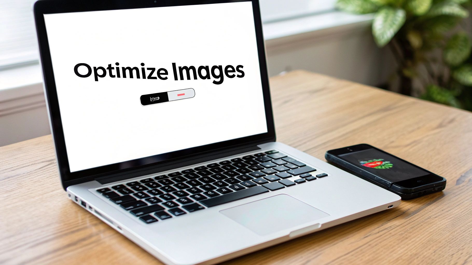 A laptop on a wooden desk displays 'Optimize Images' on its screen, with a smartphone nearby.