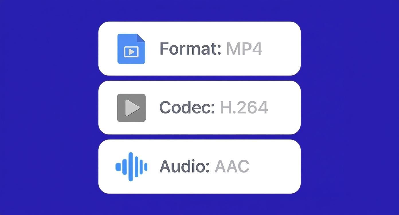 Three cards detail video specifications: format MP4, video codec H.264, and audio AAC.