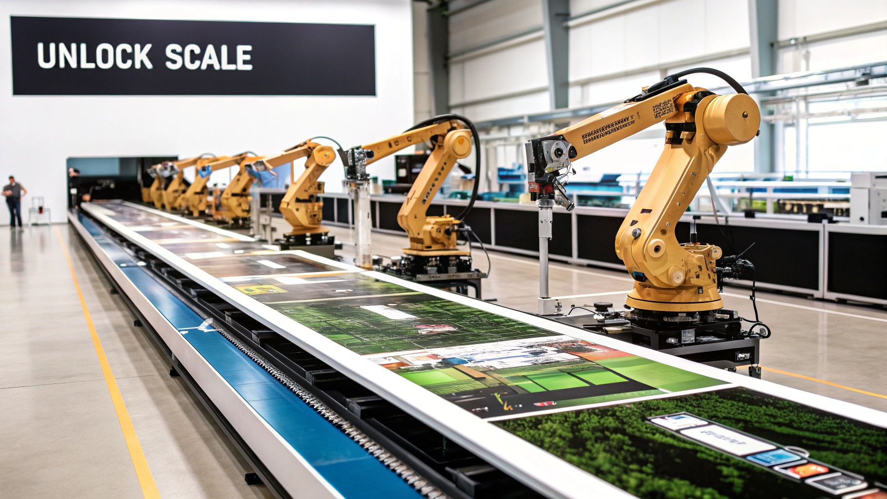 Robotic arms work on a long conveyor belt in a large factory, processing printed panels beneath a 'UNLOCK SCALE' sign.