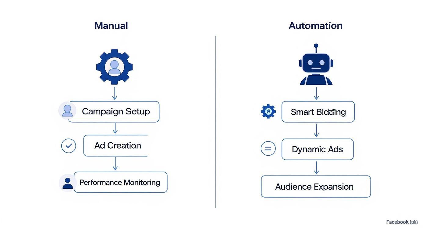 Comparison diagram showing manual versus automation workflows for Facebook advertising campaign management processes