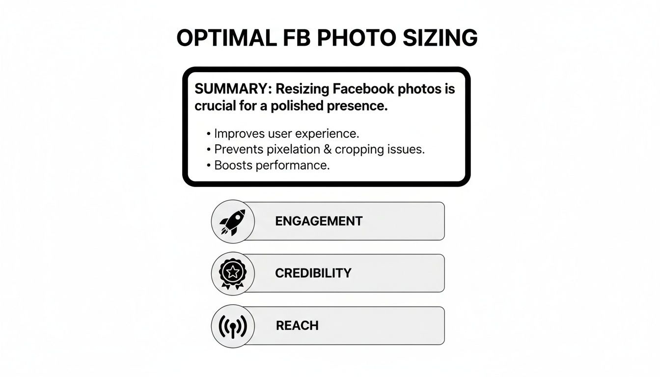 Infographic detailing optimal Facebook photo sizing, crucial for user experience, engagement, credibility, and reach.