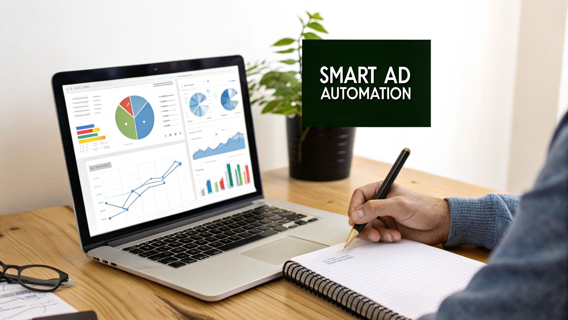 A person works on a laptop displaying data analytics, writing notes, with 'SMART AD AUTOMATION' text.