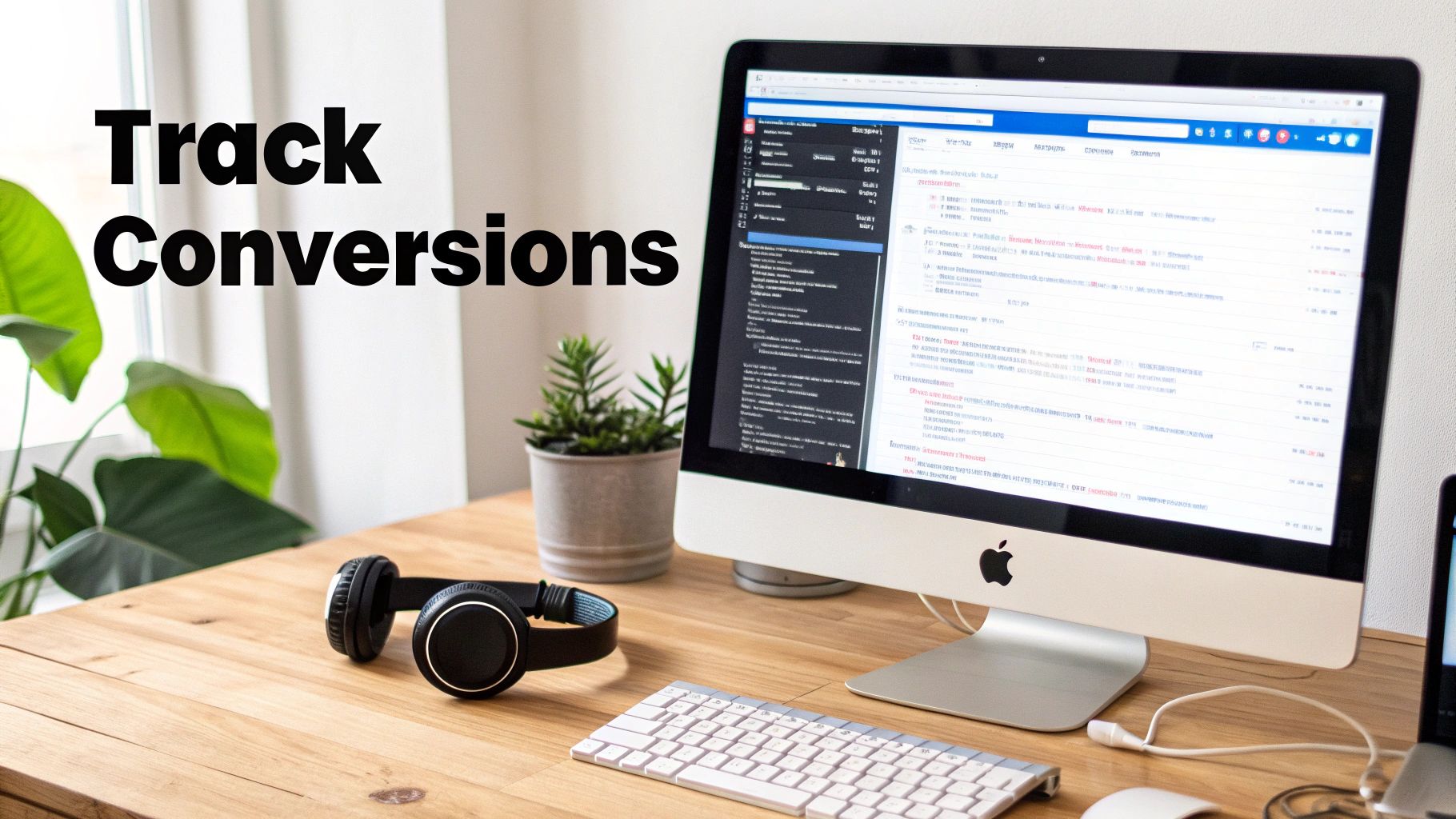 Desktop workspace with an iMac displaying conversion tracking data, headphones, and plants, overlayed with 'Track Conversions' text.