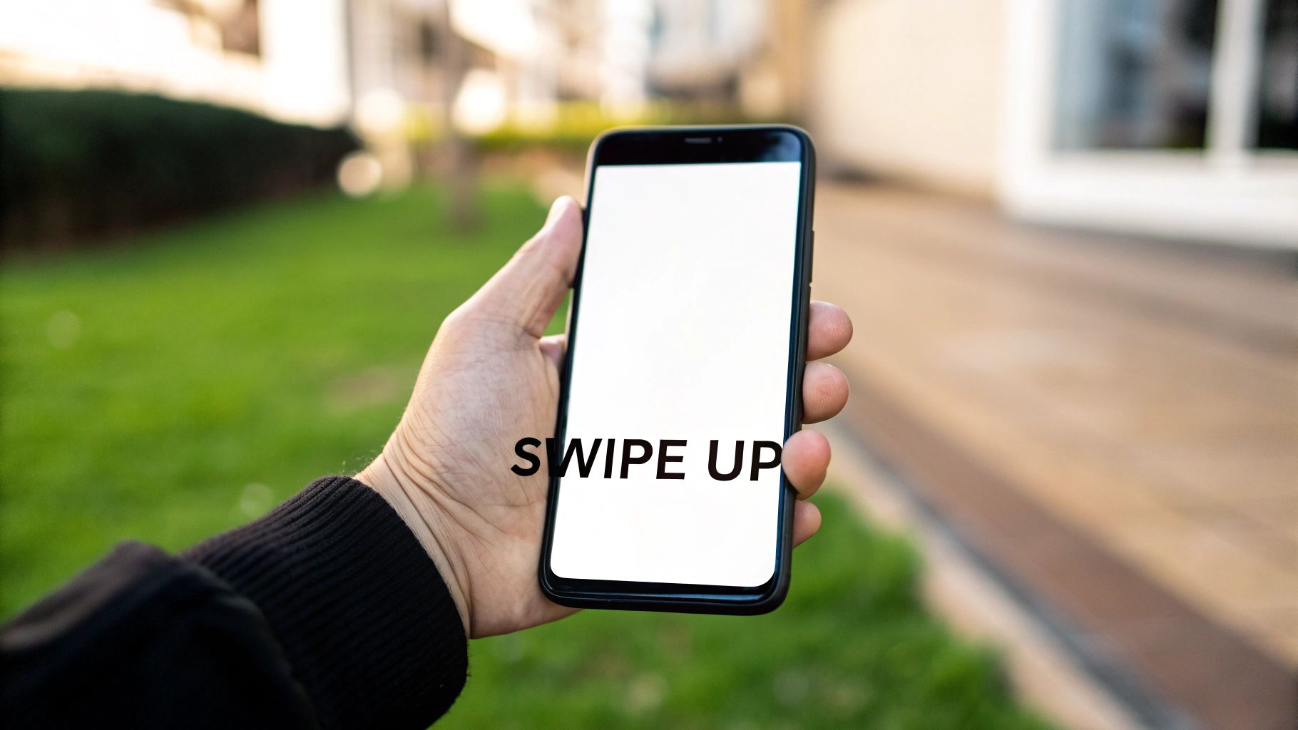 Person holding a smartphone with 'SWIPE UP' text on a blank screen in a blurred garden setting.