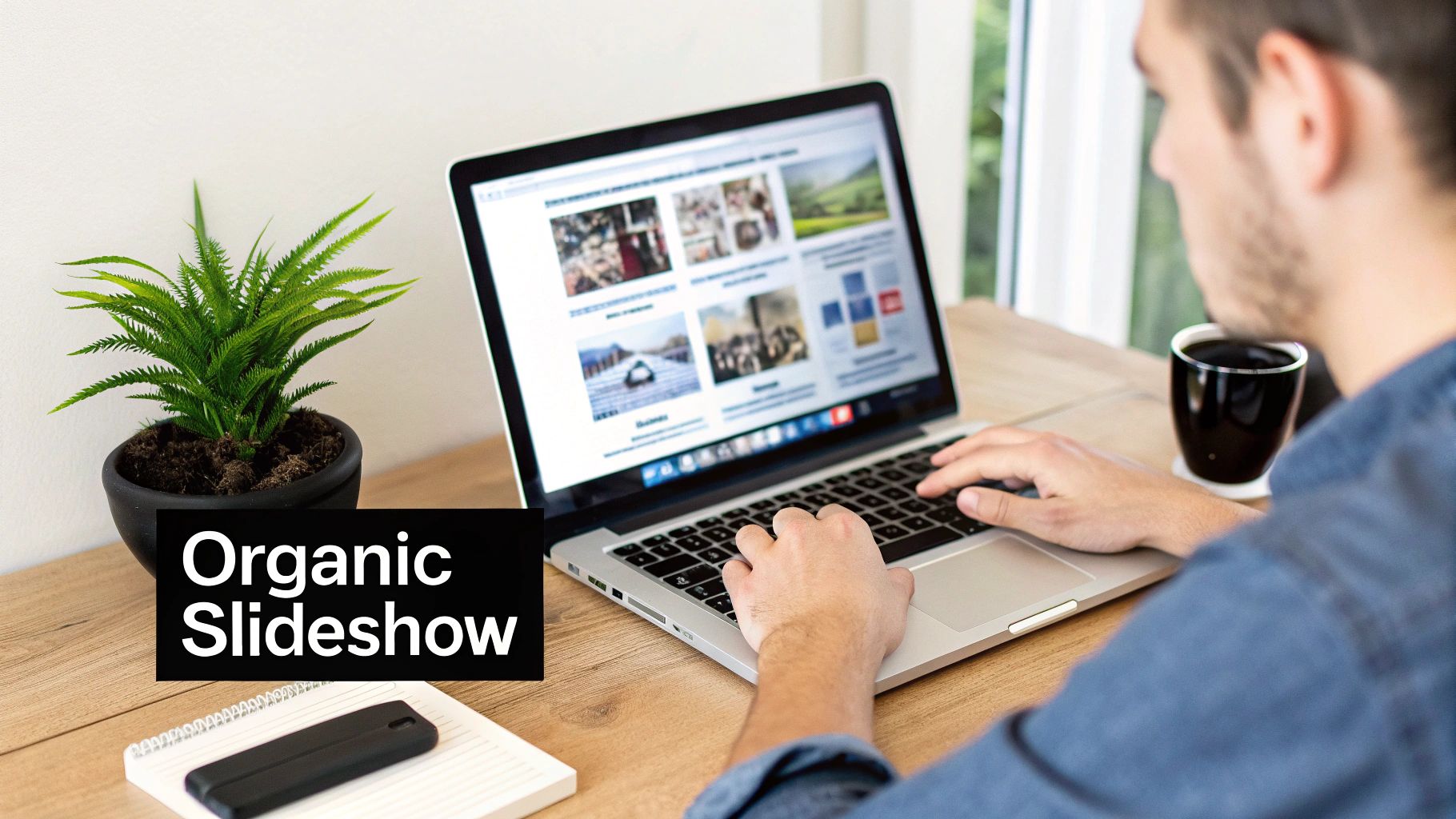 Person working on a laptop displaying an image gallery, with a plant and coffee on a wooden desk.