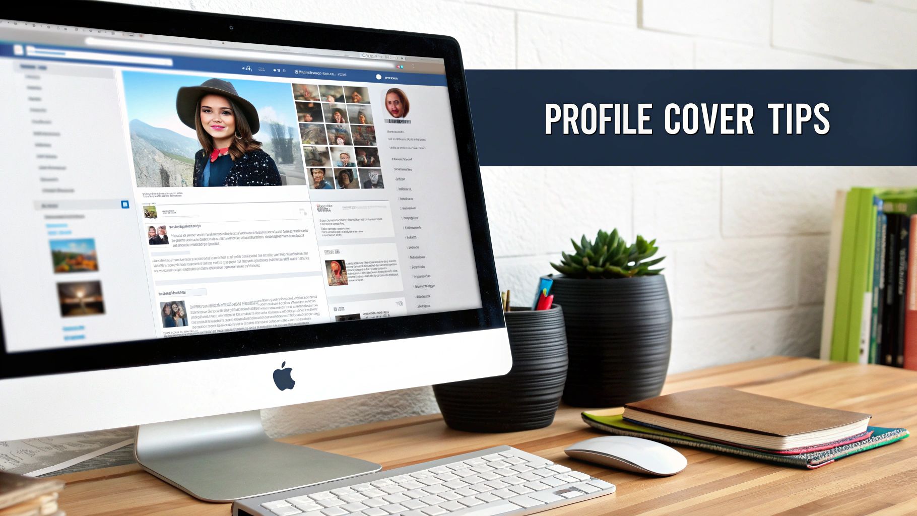 A desktop computer displaying a Facebook profile page and a 'PROFILE COVER TIPS' banner on a wooden desk.