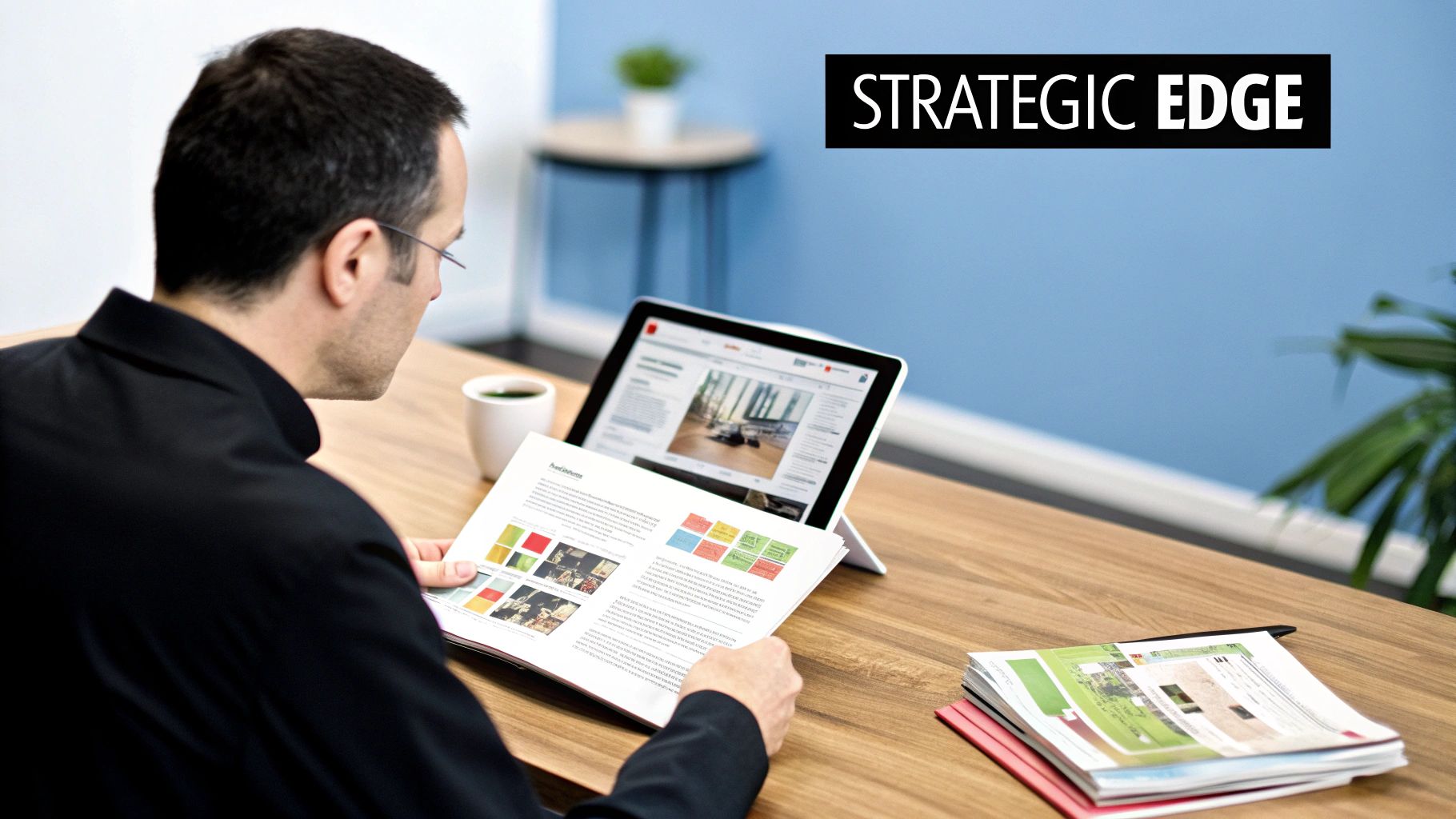 A marketer working at a desk with charts and graphs on the screen, illustrating the strategic planning involved in a social media campaign.