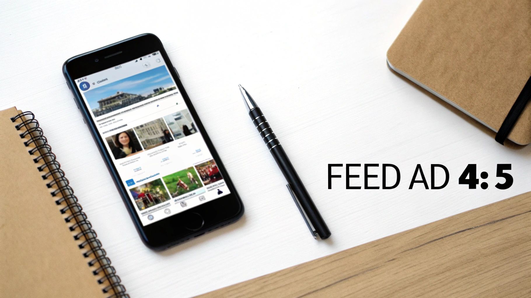 Smartphone displaying Facebook feed next to pen and notebooks on white desk workspace