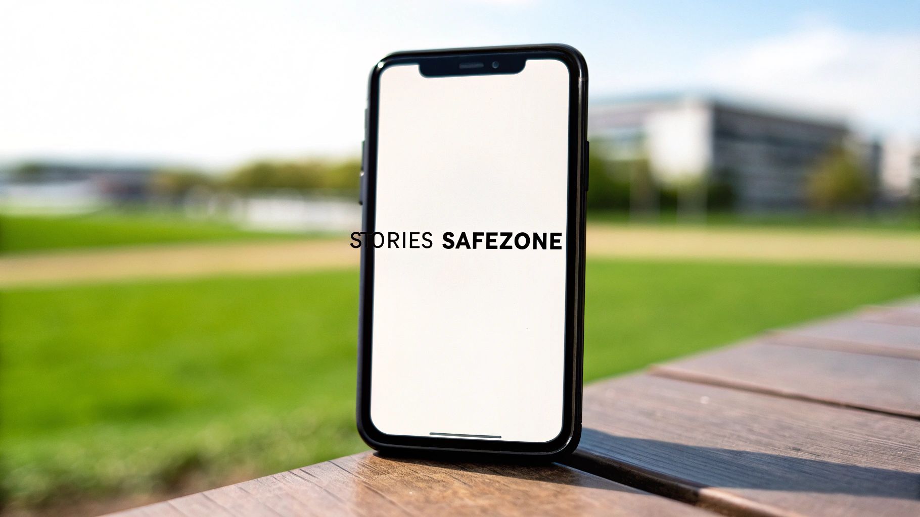 A black smartphone displays 'STORIES SAFEZONE' text on its white screen, resting on a wooden table with a blurred green park background.