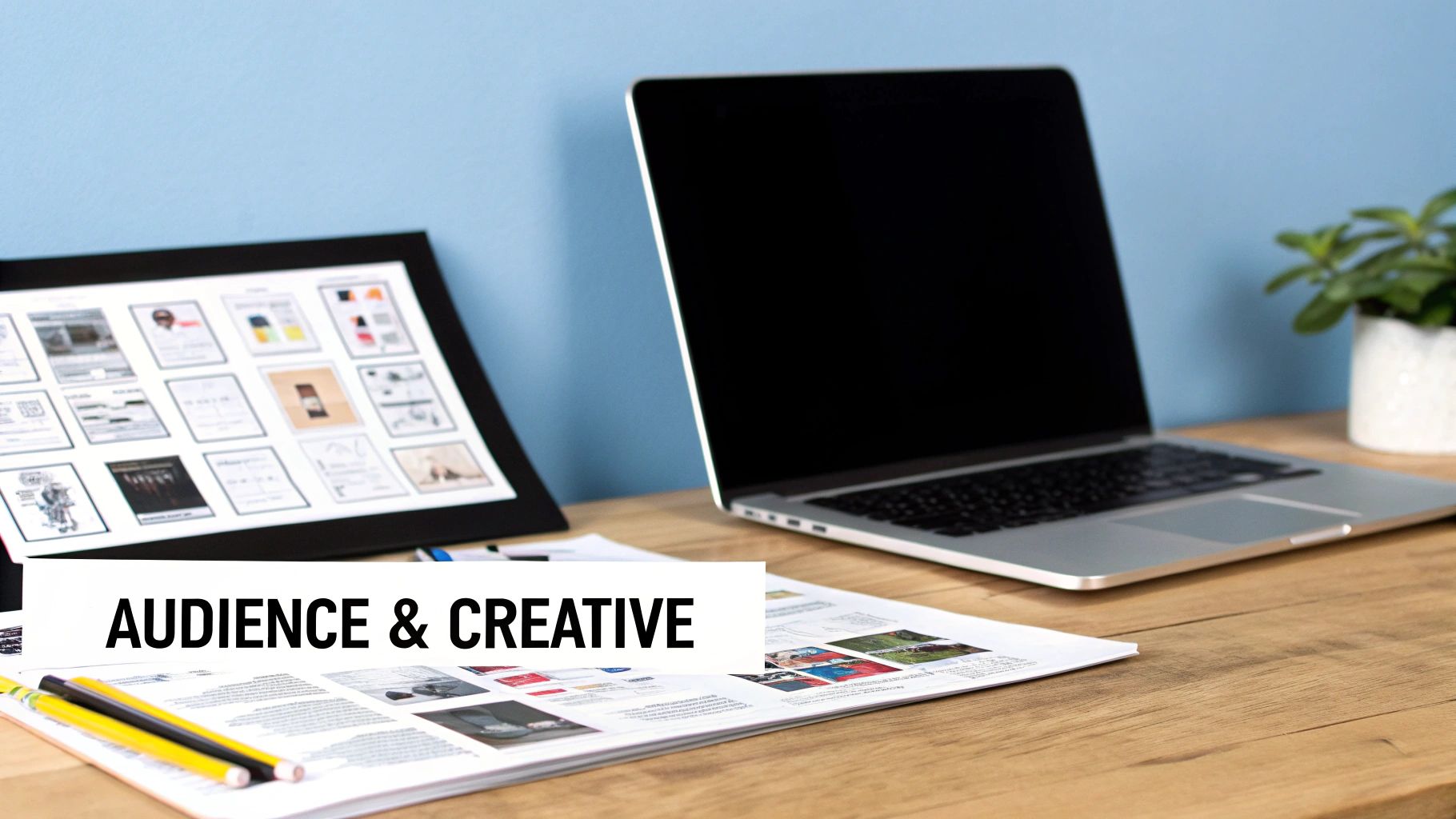 A creative workspace with a laptop, a board displaying images, papers, pencils, and a banner reading 'AUDIENCE & CREATIVE'.