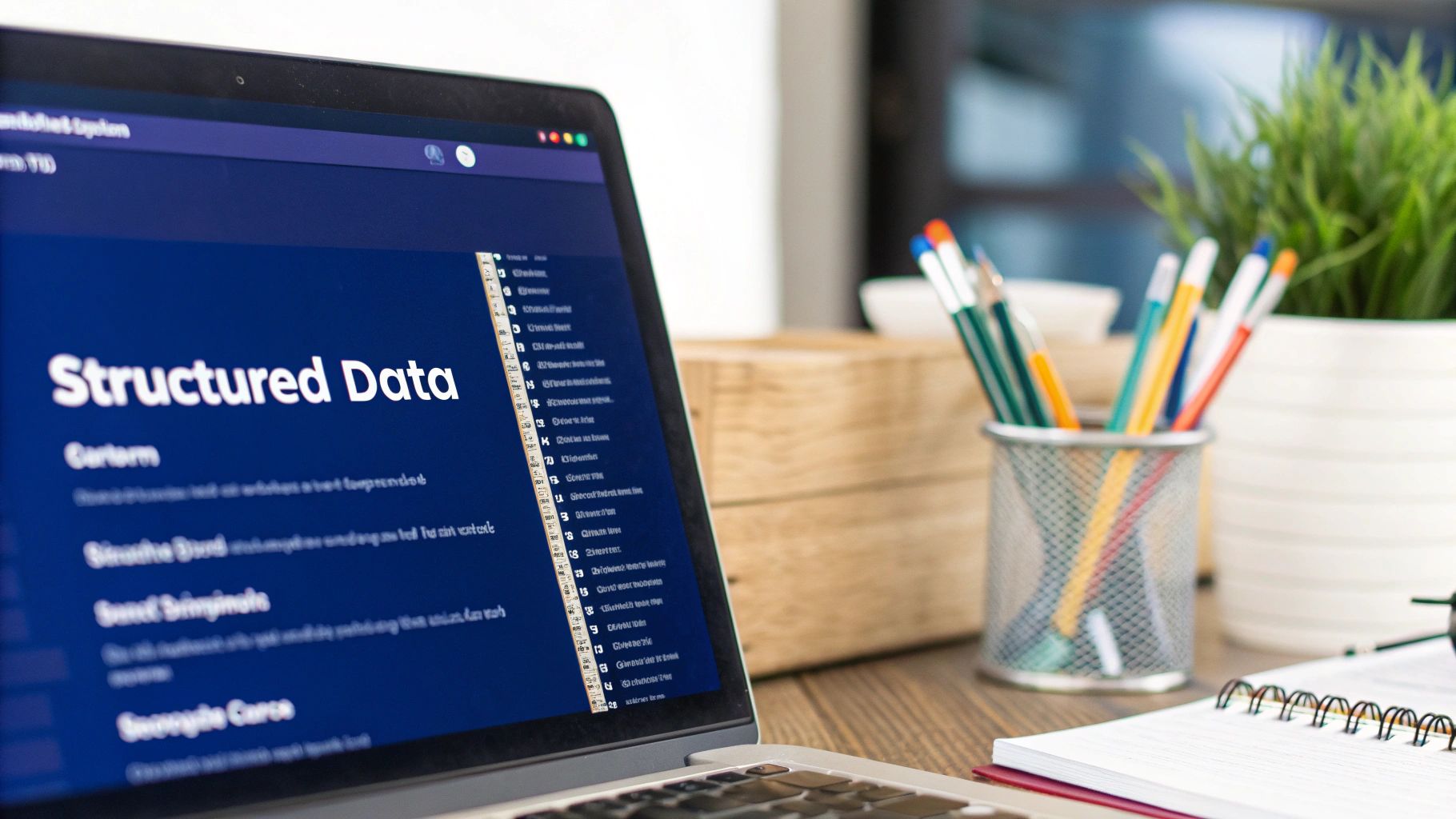 Laptop displaying structured data documentation on wooden desk with colorful pens and plant