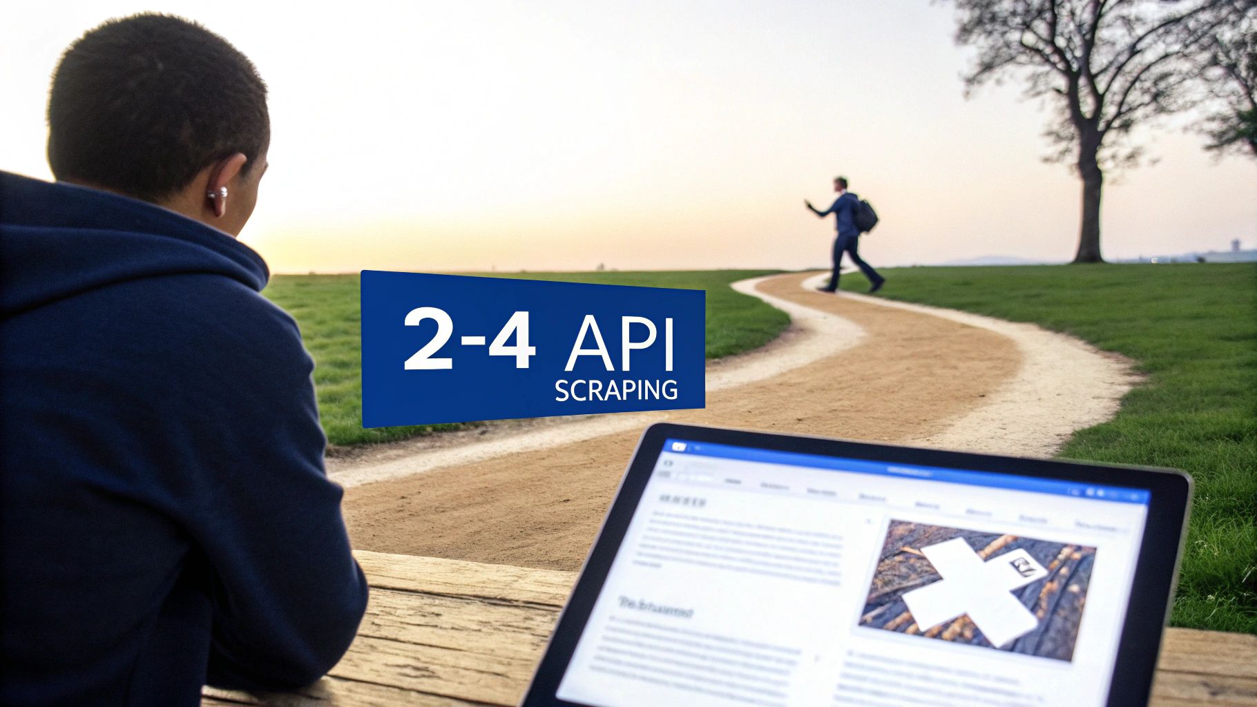 A person from behind looks at a path, a '2-4 API SCRAPING' sign, and a laptop.