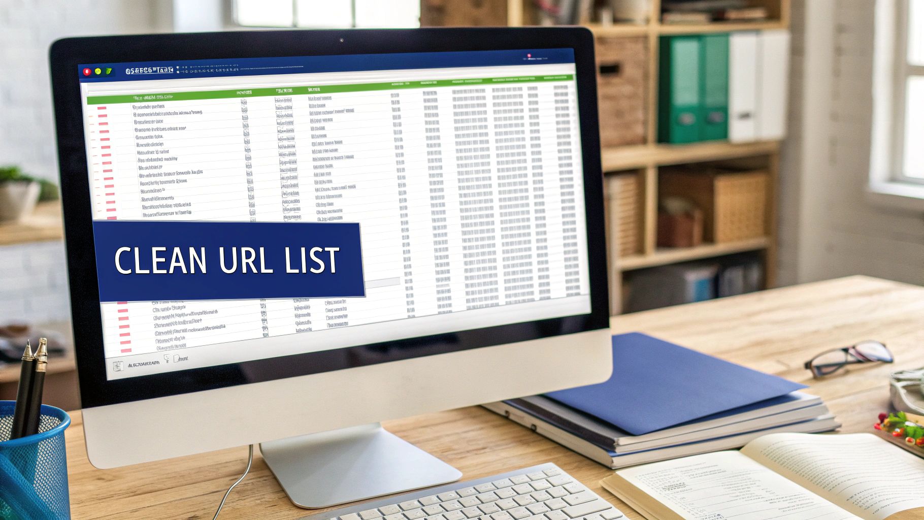 A computer monitor displaying a 'CLEAN URL LIST' spreadsheet on a wooden desk with office supplies.