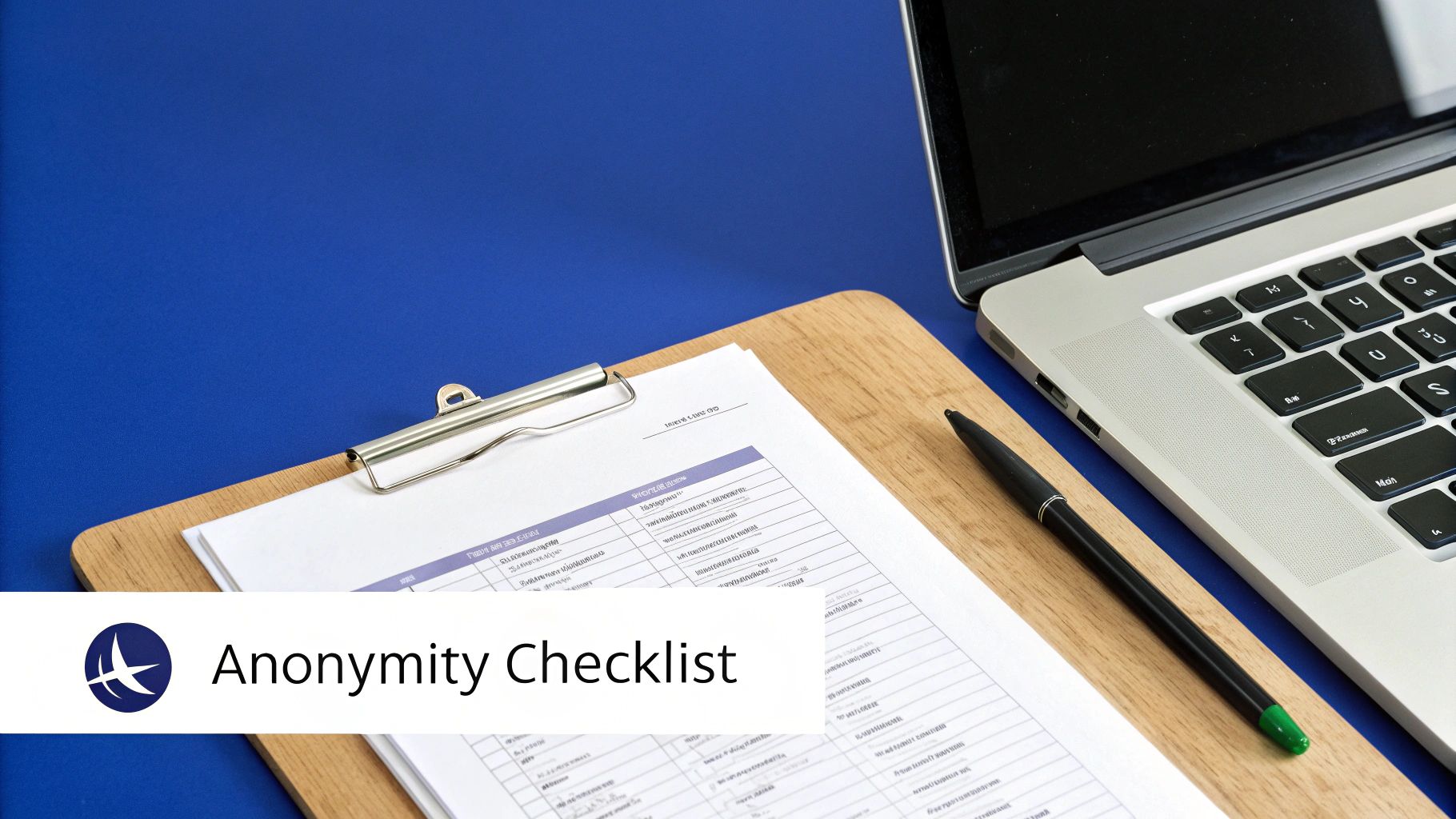 Anonymity checklist document on a clipboard next to a laptop and pen on a blue desk.