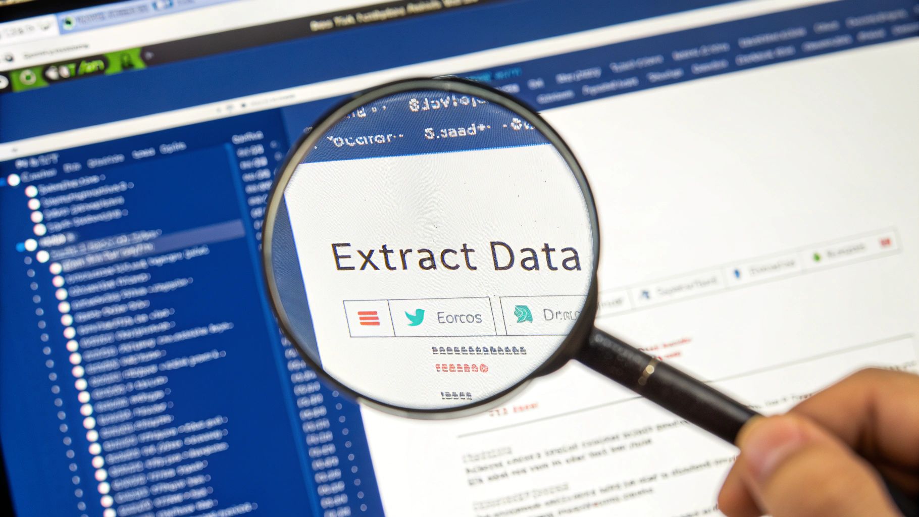 A magnifying glass hovering over HTML code, highlighting specific data elements.