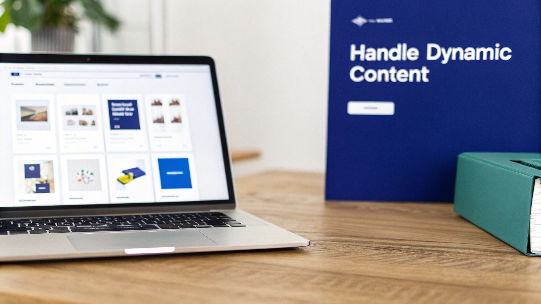 A laptop screen showing a content library next to a blue sign reading 'Handle Dynamic Content' and a teal binder on a wooden desk.