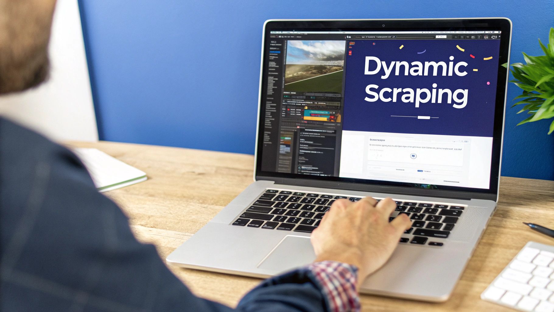 A graphic illustrating the concept of web scraping with Selenium and Python, showing code interacting with a browser interface to extract data from a website.